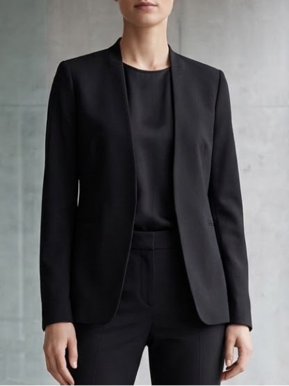 Theory Collarless Virgin Wool Blazer 2 Black Open Front Quiet Luxury Corpcore